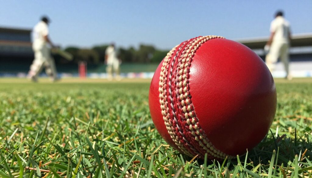 A close-up image of a vibrant red leather cricket ball specifically designed for test matches, showing its stitching and seam details prominently. The ball should be positioned in the foreground on a textured green grass pitch, emphasizing the ball's high-quality leather surface that glistens under bright daylight. In the middle ground, a blurred out cricket field is visible, hinting at the atmosphere of a professional match, with players in the distance dressed in white cricket attire. The background should include a clear blue sky, creating a sense of openness and excitement. The lighting should be bright and natural, highlighting the ball's color and texture. The overall mood is one of professionalism and athleticism, ideal for showcasing the essence of international cricket. A close-up image of a vibrant red leather cricket ball specifically designed for test matches, showing its stitching and seam details prominently. The ball should be positioned in the foreground on a textured green grass pitch, emphasizing the ball's high-quality leather surface that glistens under bright daylight. In the middle ground, a blurred out cricket field is visible, hinting at the atmosphere of a professional match, with players in the distance dressed in white cricket attire. The background should include a clear blue sky, creating a sense of openness and excitement. The lighting should be bright and natural, highlighting the ball's color and texture. The overall mood is one of professionalism and athleticism, ideal for showcasing the essence of international cricket.