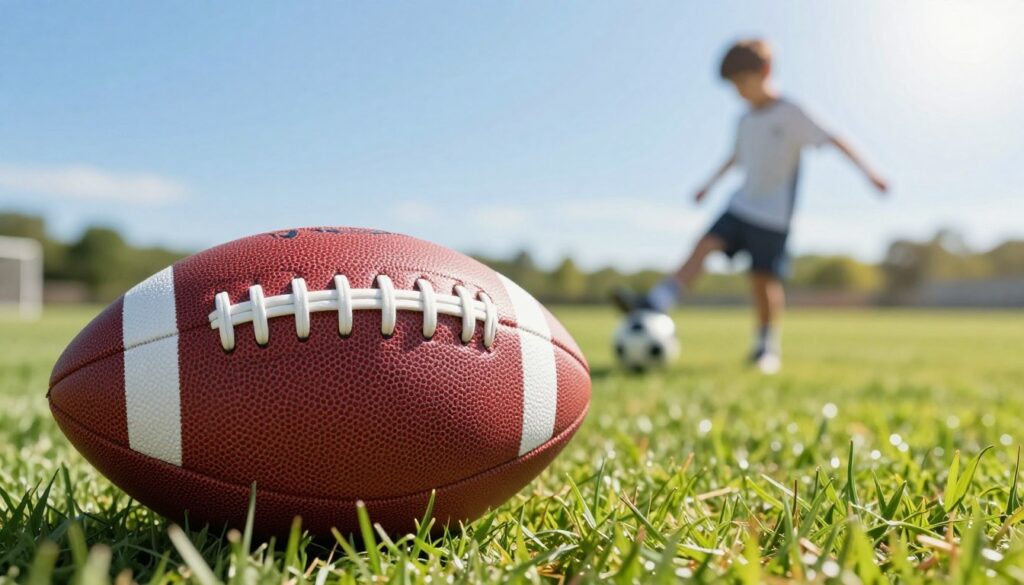 A close-up view of a football placed on a grassy field, showcasing its distinct size and texture. In the foreground, highlight the football with a focus on its stitching and material, emphasizing the standard size for beginners. In the middle ground, include a soft-blurred silhouette of a child practicing kicking the ball, dressed in modest athletic wear, demonstrating engagement with the sport. The background features a sunny day with a vibrant blue sky and a subtle green landscape, creating an inviting atmosphere. Utilize bright and natural lighting to enhance the colors and details of the scene, capturing the excitement and joy of learning football. The angle should be slightly low to emphasize the football's size in relation to the child, creating a warm, encouraging mood for aspiring players.