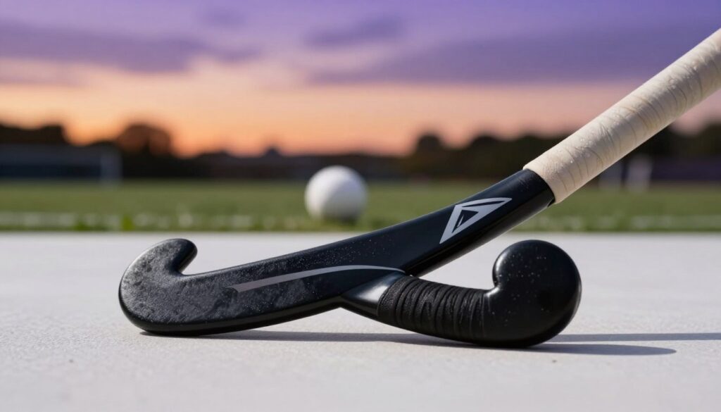 A close-up view of a high-performance field hockey stick expertly balanced on a pristine, smooth surface. The stick is sleek, made of advanced composite materials, with a glossy finish highlighting its curves and ergonomic design. In the foreground, focus on the stick's blade and handle, showcasing the details such as the grip texture and the subtle logo engraved on the shaft. The middle ground features a blurred-out field hockey ball positioned artfully, hinting at the sport’s dynamic nature. The background captures a softly lit field under a dusky sky, with gentle gradients of orange and purple illuminating the scene. The overall atmosphere is professional and inspiring, reflecting the precision and craftsmanship of top-tier hockey equipment. Use natural lighting to emphasize the textures and colors, capturing the elegance of this athletic gear.