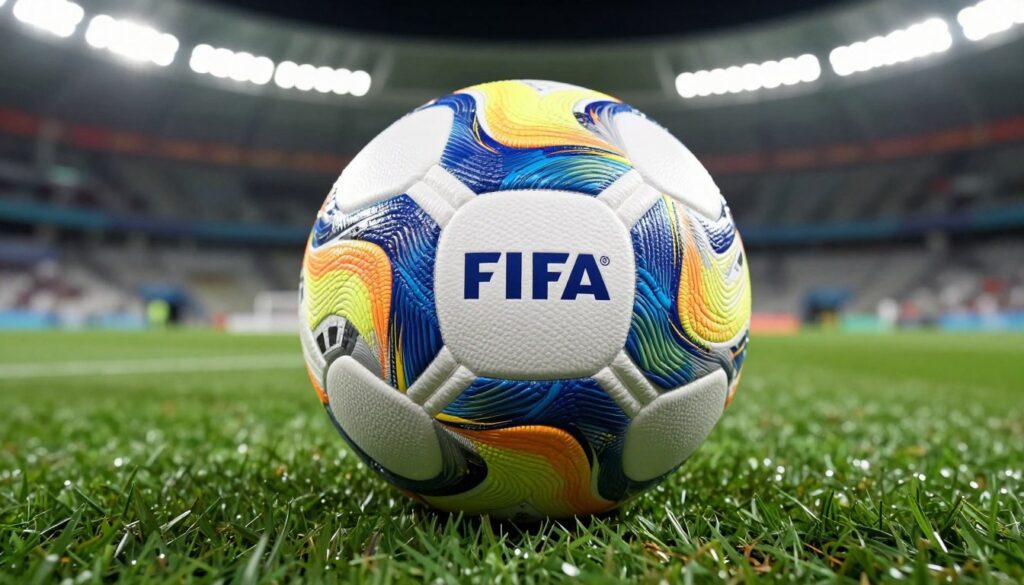A close-up view of an official FIFA World Cup match ball resting on a well-manicured green pitch, showcasing its intricate design and vibrant colors. The ball is centered in the foreground, with a slight perspective to emphasize its spherical shape. In the background, the blurred outlines of a grand stadium can be seen, under bright stadium lights, enhancing the focus on the ball. The lighting captures the glossy texture of the ball, highlighting the seamless panels and the iconic FIFA logo. The atmosphere conveys excitement and anticipation, resonating with the thrill of football matches. The overall mood is professional and sporty, perfect for illustrating the significance of the ball's size and design in the context of the World Cup.