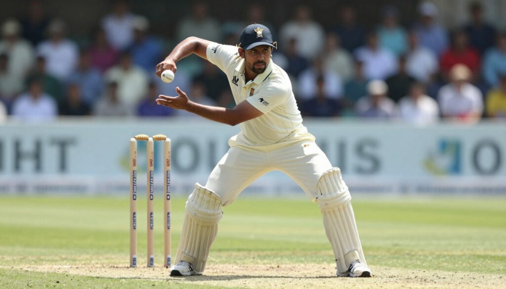 A cricket bowler in action, poised on the pitch, demonstrating the fundamentals of bowling techniques. The foreground features a focused male bowler, wearing a modern white cricket uniform and a cap, with a determined expression, arms in an exaggerated stance about to release the ball. The middle ground shows a cricket pitch with a neatly maintained boundary and a set of stumps visible behind the bowler. The background includes a blurred crowd in a stadium setting, hinting at an energetic match atmosphere. Bright, natural daylight illuminates the scene, casting shadows that highlight the bowler's form. The angle is slightly low, giving a sense of dynamism and emphasizing the athleticism of the bowler. The overall mood is intense and focused, capturing the essence of cricket bowling fundamentals. A cricket bowler in action, poised on the pitch, demonstrating the fundamentals of bowling techniques. The foreground features a focused male bowler, wearing a modern white cricket uniform and a cap, with a determined expression, arms in an exaggerated stance about to release the ball. The middle ground shows a cricket pitch with a neatly maintained boundary and a set of stumps visible behind the bowler. The background includes a blurred crowd in a stadium setting, hinting at an energetic match atmosphere. Bright, natural daylight illuminates the scene, casting shadows that highlight the bowler's form. The angle is slightly low, giving a sense of dynamism and emphasizing the athleticism of the bowler. The overall mood is intense and focused, capturing the essence of cricket bowling fundamentals.