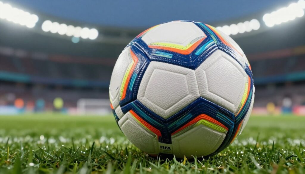 A detailed and realistic depiction of a match ball used in professional FIFA World Cup football, placed prominently in the foreground. The ball features the iconic pentagon and hexagon pattern in vibrant colors, showcasing its high-quality material and stitching. The midground displays a blurred grass pitch, hinting at an exciting match atmosphere. In the background, soft-focus stadium lights illuminate the scene, conveying a lively and competitive mood. The image is captured from a low angle, emphasizing the ball's significance on the field, with a well-lit, dynamic environment that suggests motion and energy. The overall ambiance should feel professional and energetic, inviting viewers to appreciate the technical specifications of the football.
