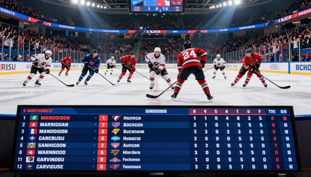 A detailed and visually striking representation of men's national hockey team standings. In the foreground, display a stylized digital scoreboard showcasing team names, logos, and rankings, illuminated with vibrant colors and strong contrast. The middle layer features an array of dynamic hockey players in action, dressed in professional jerseys, skating energetically across an ice rink, capturing movement and teamwork. In the background, a packed arena filled with enthusiastic fans, creating an atmosphere of excitement and competition, with bright arena lights shining down. The image should be shot from a low-angle perspective, emphasizing the players and scoreboard against the lively crowd, evoking a sense of urgency and anticipation in the sport. A detailed and visually striking representation of men's national hockey team standings. In the foreground, display a stylized digital scoreboard showcasing team names, logos, and rankings, illuminated with vibrant colors and strong contrast. The middle layer features an array of dynamic hockey players in action, dressed in professional jerseys, skating energetically across an ice rink, capturing movement and teamwork. In the background, a packed arena filled with enthusiastic fans, creating an atmosphere of excitement and competition, with bright arena lights shining down. The image should be shot from a low-angle perspective, emphasizing the players and scoreboard against the lively crowd, evoking a sense of urgency and anticipation in the sport.