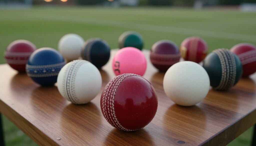 A detailed display of various cricket balls arranged artistically on a polished wooden surface, showcasing their different types. In the foreground, prominently feature a hard red leather cricket ball, gleaming with its signature seam and stitching. Beside it, a white cricket ball, used for limited overs matches, is displayed, highlighting its smooth texture. In the middle ground, include a pink ball designed for day-night Test matches, partially illuminated to emphasize its unique color. The background should be softly blurred, suggesting a lush green cricket field under soft evening light, creating a tranquil and informative atmosphere. Use a wide-angle lens to capture a close-up perspective, while ensuring the lighting is warm and inviting, enhancing the rich colors of the cricket balls. The overall mood should be educational and engaging, inviting the viewer to explore the world of cricket. A detailed display of various cricket balls arranged artistically on a polished wooden surface, showcasing their different types. In the foreground, prominently feature a hard red leather cricket ball, gleaming with its signature seam and stitching. Beside it, a white cricket ball, used for limited overs matches, is displayed, highlighting its smooth texture. In the middle ground, include a pink ball designed for day-night Test matches, partially illuminated to emphasize its unique color. The background should be softly blurred, suggesting a lush green cricket field under soft evening light, creating a tranquil and informative atmosphere. Use a wide-angle lens to capture a close-up perspective, while ensuring the lighting is warm and inviting, enhancing the rich colors of the cricket balls. The overall mood should be educational and engaging, inviting the viewer to explore the world of cricket.