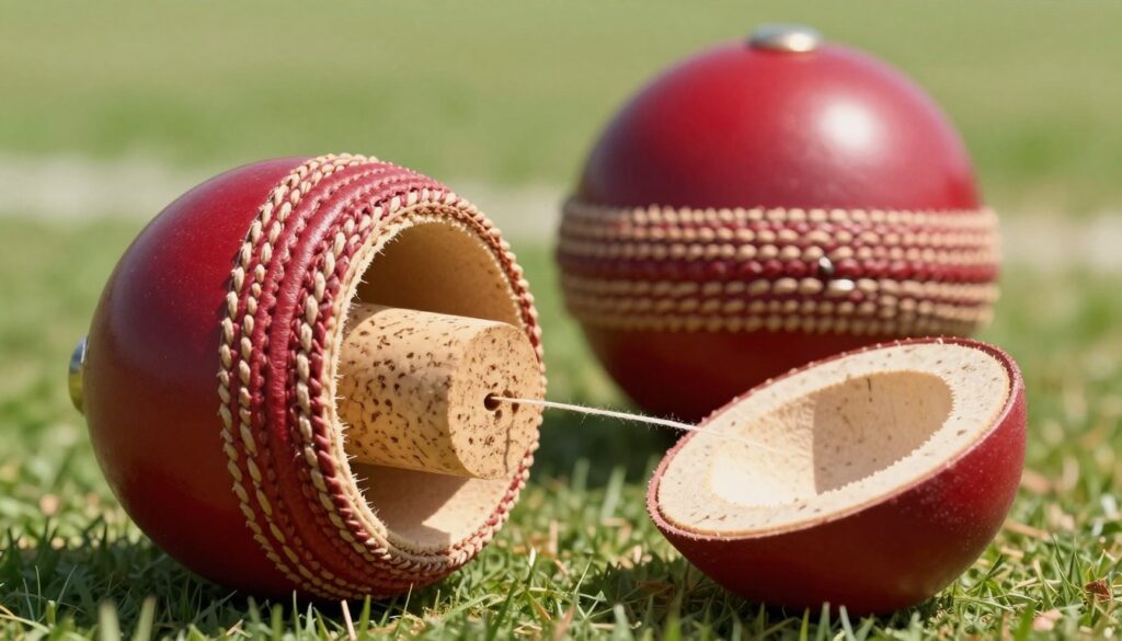 A detailed illustration of a cricket ball anatomy, focusing on its layered structure. In the foreground, a cut-open cricket ball showcases its components: the red leather cover, the stitching, the cork core, and the internal wound yarn. In the middle ground, a slightly blurred image of a cricket ball fully intact to provide context. The background features a subtle cricket pitch, giving an impression of the ball's purpose. The lighting is bright and natural, highlighting the textures of the leather and the shine of the ball. The angle is slightly above eye-level, offering a comprehensive view. The atmosphere is educational and professional, emphasizing clarity and detail in the depiction of the cricket ball's anatomy. No text or overlays present. A detailed illustration of a cricket ball anatomy, focusing on its layered structure. In the foreground, a cut-open cricket ball showcases its components: the red leather cover, the stitching, the cork core, and the internal wound yarn. In the middle ground, a slightly blurred image of a cricket ball fully intact to provide context. The background features a subtle cricket pitch, giving an impression of the ball's purpose. The lighting is bright and natural, highlighting the textures of the leather and the shine of the ball. The angle is slightly above eye-level, offering a comprehensive view. The atmosphere is educational and professional, emphasizing clarity and detail in the depiction of the cricket ball's anatomy. No text or overlays present.