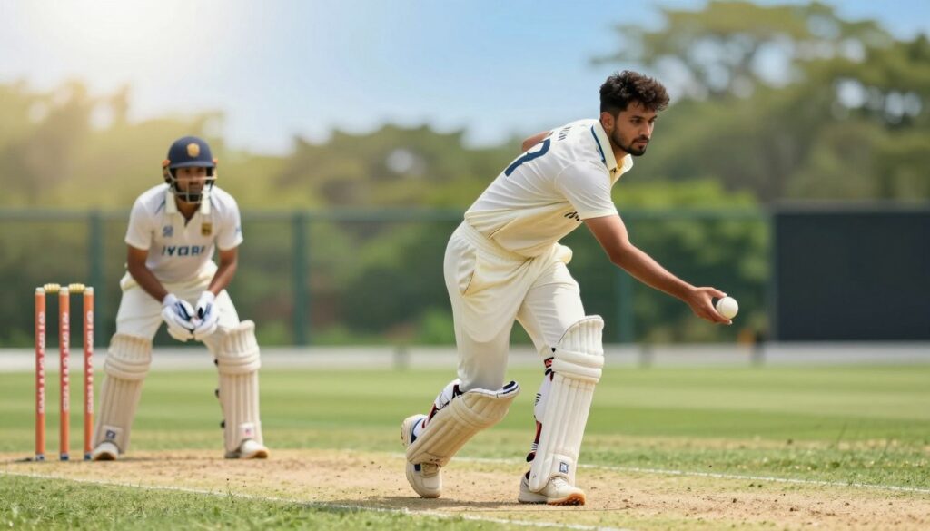 A dynamic cricket scene capturing a bowler in mid-delivery, showcasing various common bowling techniques. In the foreground, a male bowler in a professional cricket uniform is focused, with his legs poised for a fast delivery, and a cricket ball gripped expertly in his right hand. The middle ground includes a batsman preparing to respond, dressed in protective gear, while the cricket pitch and wicket can be seen clearly. In the background, a lush green field under a bright blue sky creates a vibrant atmosphere. The sunlight streams down, casting gentle shadows, emphasizing the intensity of the moment. The composition features a slight low-angle perspective, adding drama and highlighting the skill involved in cricket bowling. A dynamic cricket scene capturing a bowler in mid-delivery, showcasing various common bowling techniques. In the foreground, a male bowler in a professional cricket uniform is focused, with his legs poised for a fast delivery, and a cricket ball gripped expertly in his right hand. The middle ground includes a batsman preparing to respond, dressed in protective gear, while the cricket pitch and wicket can be seen clearly. In the background, a lush green field under a bright blue sky creates a vibrant atmosphere. The sunlight streams down, casting gentle shadows, emphasizing the intensity of the moment. The composition features a slight low-angle perspective, adding drama and highlighting the skill involved in cricket bowling.