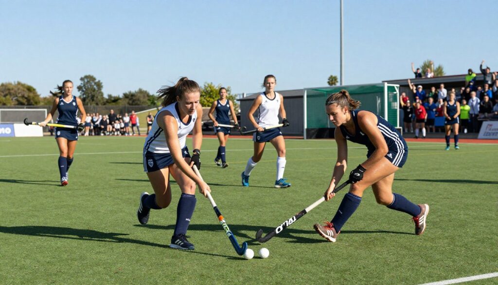 A dynamic field hockey scene featuring athletes in professional uniforms, engaged in an intense match on a well-maintained grass field. In the foreground, two players, one dribbling the ball and the other poised to intercept, demonstrate contrasting techniques and athleticism. The middle ground shows additional players and a goal post, capturing the competitive spirit of the game. The background features spectators cheering, with a clear blue sky overhead, emphasizing a bright and energetic atmosphere. The lighting should reflect a sunny day, with soft shadows created by the natural light. The angle of the shot should be slightly elevated, providing a comprehensive view of the action while ensuring everything is depicted in a respectful and safe manner.