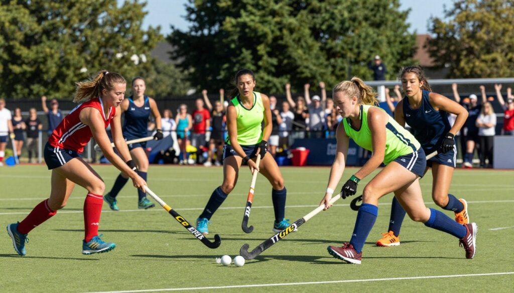 A dynamic field hockey scene showcasing a diverse group of players engaged in a match on a well-maintained turf field. In the foreground, two athletes are in an intense rivalry, demonstrating skillful stickwork, their focused expressions highlighting the thrill of competition. One player, wearing a bright jersey, strikes the ball with precision, while the other, in a contrasting uniform, is ready to intercept. In the middle ground, teammates are strategically positioned, while an enthusiastic crowd can be seen in the background, cheering. The background features lush green trees under a clear blue sky, suggesting a sunny day. The image utilizes vibrant colors and sharp contrasts, with natural sunlight casting dynamic shadows, enhancing the energy of the game. The overall mood is exciting and competitive, inviting viewers to appreciate the sport’s fundamentals.
