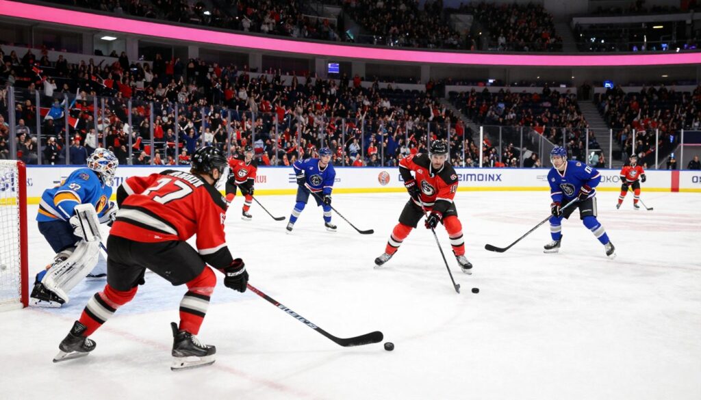 A dynamic ice hockey scene featuring athletes in action, showcasing both players and a goalie in colorful jerseys, representing various teams. The foreground captures a thrilling moment as a player slides into a defensive stance, while another commits to a powerful slap shot. The middle ground highlights the puck gliding across the ice, with the intensity of competition reflected on the players' faces, all wearing professional sports gear. In the background, a packed arena filled with enthusiastic fans, illuminated by vibrant overhead lights, creates a spirited atmosphere. The angle is slightly elevated to provide a panoramic view of the rink, enhancing the sense of excitement and movement in the bustling environment. The overall mood is energetic and exhilarating, celebrating the spirit of ice hockey.