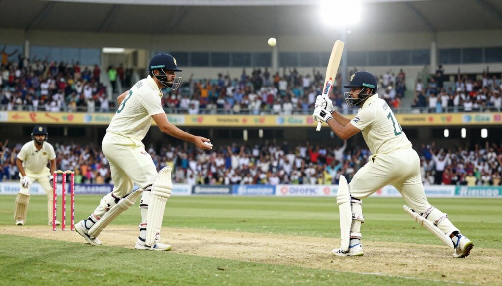 A dynamic scene featuring fast bowlers in action on a cricket field, showcasing a variety of bowling styles. In the foreground, two bowlers are displayed; one with a classical wind-up, delivering a yorker, while the other executes a bouncer with intense focus. Their athletic bodies are clad in traditional cricket attire, complete with helmets and protective gear. The middle ground reveals a well-maintained cricket pitch, with a wicket in view and splashes of chalk dust from the bowlers' footprints. In the background, a vibrant stadium filled with cheering fans under bright overhead floodlights creates an electric atmosphere, highlighting the excitement of the game. The lighting is bright and dynamic, enhancing the energy of the moment, captured with a low-angle perspective to emphasize the bowlers' intensity and skill.