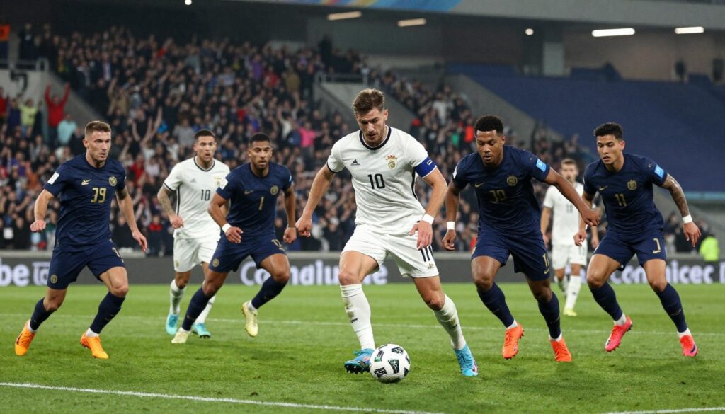 A dynamic scene featuring professional football players engaged in a competitive match on a vibrant green pitch. In the foreground, a diverse group of athletes in neatly fitted team uniforms showcases intensity and determination, their muscles tense as they maneuver the ball strategically. The middle ground highlights a cheering crowd, blurring slightly to capture the excitement of the moment. In the background, stadium lights beam down, illuminating the field and enhancing the dramatic atmosphere. The angle should be slightly low, emphasizing the athletes' prowess, with a focus on their expressions of concentration and teamwork. The overall mood should convey energy, dedication, and the spirit of sportsmanship, making it clear that this image represents the passion and scale of professional football worldwide. A dynamic scene featuring professional football players engaged in a competitive match on a vibrant green pitch. In the foreground, a diverse group of athletes in neatly fitted team uniforms showcases intensity and determination, their muscles tense as they maneuver the ball strategically. The middle ground highlights a cheering crowd, blurring slightly to capture the excitement of the moment. In the background, stadium lights beam down, illuminating the field and enhancing the dramatic atmosphere. The angle should be slightly low, emphasizing the athletes' prowess, with a focus on their expressions of concentration and teamwork. The overall mood should convey energy, dedication, and the spirit of sportsmanship, making it clear that this image represents the passion and scale of professional football worldwide.