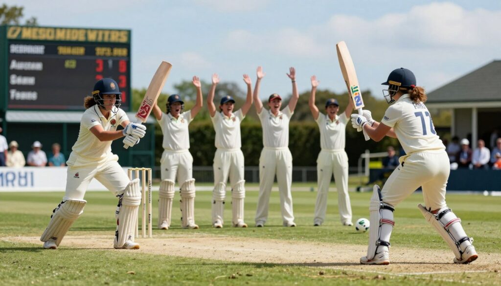 A dynamic scene of women cricketers in action during a historic match, set on a lush green cricket field. In the foreground, two women in modest cricket uniforms, one batting gracefully with a determined expression, and the other poised at the non-striker end, both showcasing their athleticism. In the middle ground, teammates celebrate a wicket, raising hands in excitement, with cricket gear artistically scattered around. The background features a vintage-style scoreboard displaying an old match score, along with a hint of enthusiastic spectators dressed in period-appropriate attire. The atmosphere is vibrant and energetic, under sunlight with a bright blue sky. Use a wide-angle perspective to capture the action and drama, emphasizing the historical significance of women's cricket.