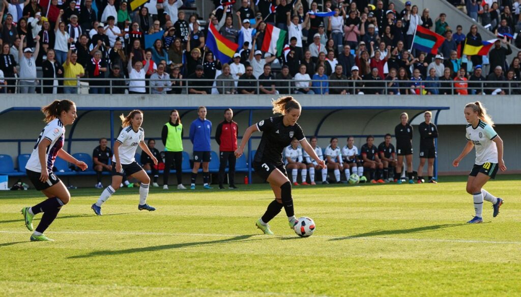 A dynamic scene of women football players in action on a vibrant green field, capturing the spirit of teamwork and athleticism. In the foreground, a diverse group of women, wearing professionally designed football kits, are skillfully dribbling and passing the ball. Their expressions reflect determination and joy. In the middle ground, coaches and team members cheer from the sidelines, creating a supportive atmosphere. The background features a stadium packed with enthusiastic fans waving flags, showcasing a lively and competitive environment. The scene is illuminated by the warm glow of late afternoon sunlight, casting long shadows, creating a natural, energetic ambiance. A wide-angle perspective enhances the sense of motion and excitement, highlighting the global celebration of women in sports.