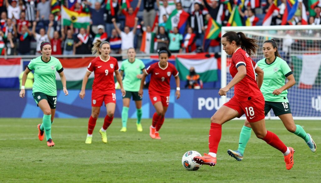 A dynamic scene showcasing a diverse group of women playing football on a lush green pitch, capturing the intensity and collaboration of the game. In the foreground, two players in vibrant jerseys are skillfully dribbling the ball, with one aiming for a goal. They exhibit determination and focus, displaying their athleticism and teamwork. In the middle ground, other teammates are strategically positioned, ready to support, with expressions of concentration and excitement on their faces. The background features a cheering crowd of fans, waving flags and banners from various countries, emphasizing the global appeal of women's football. The setting is illuminated by soft, natural daylight that highlights the players’ movements, creating an uplifting and energetic atmosphere, shot from a low angle to emphasize the action.
