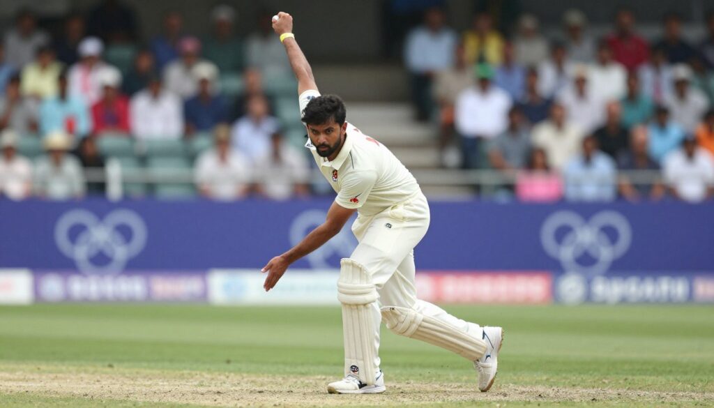 A dynamic scene showcasing the mechanics of a fast bowler in cricket, positioned prominently in the foreground. The bowler, dressed in a classic white cricket uniform, is in mid-delivery, with a focus on the powerful arm motion and leg placement. Captured from a low angle to emphasize the height and strength of the action, the background features a cricket pitch with blurred spectators, highlighting the intensity of the moment. Soft, natural lighting illuminates the scene, creating contrast between the bowler and the vibrant green field. The atmosphere is energetic and tense, reflecting the skill and precision of fast bowling mechanics. The image encapsulates the essence of cricket through an athlete's focused expression and poised stance, inviting viewers to appreciate the art of fast bowling.