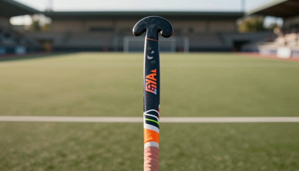 A high-quality field hockey stick centered prominently in the foreground, showcasing its sleek design and vibrant color options, glistening under soft, natural lighting. The stick features intricate detailing, such as a textured grip and aerodynamic shape, with a slight sheen highlighting its premium materials. In the middle ground, a blurred field hockey pitch provides context, with faint outlines of goalposts and field markings. In the background, a sunlit stadium stands, creating a sense of depth and atmosphere. The overall mood is energetic and inspiring, evoking the passion and dedication of athletes. The image captures the essence of top-quality sports equipment, emphasizing performance and excellence without any human subjects.