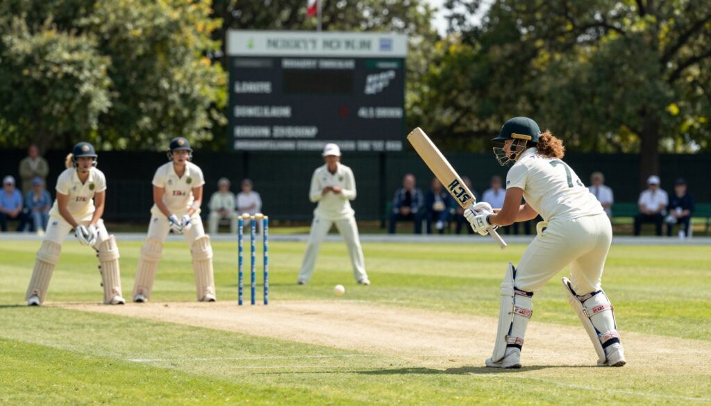 A historic scene capturing the essence of women's cricket, featuring a diverse group of female cricketers in professional uniforms, playing on a lush green cricket field under bright daylight. In the foreground, a woman confidently batting, her focus intense, while another player is poised in the background, ready to bowl. The middle ground showcases a cricket pitch, with a faint outline of a historic scoreboard and spectators in modest attire, enjoying the match. Lush trees frame the scene, hinting at a park-like atmosphere. The bright lighting casts soft shadows, highlighting the determination and teamwork of the players. The angle is slightly low, emphasizing the athletes’ power and the excitement of the game, evoking a mood of inspiration and breaking barriers in sports.