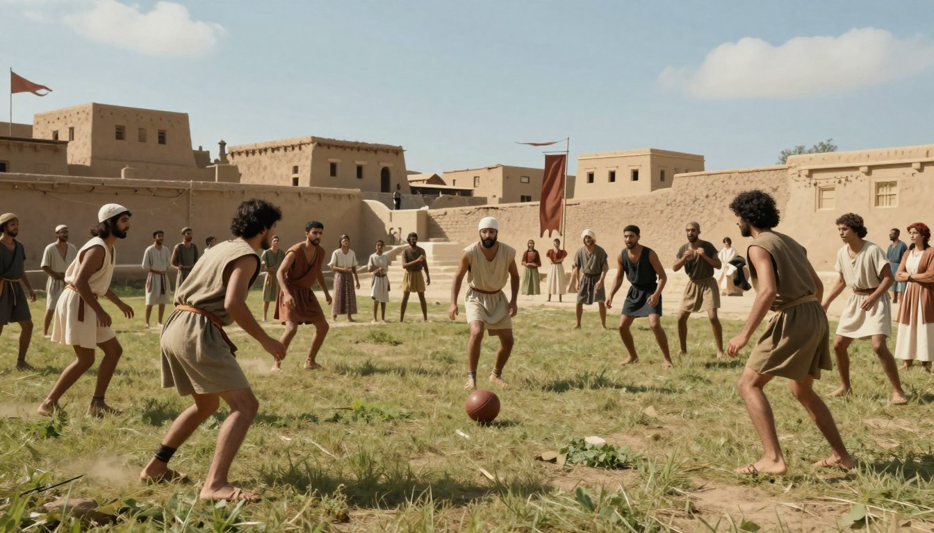 A historical scene depicting the origins of football, showcasing ancient civilizations engaged in early forms of the game. In the foreground, a diverse group of individuals, wearing modest casual clothing reminiscent of ancient times, are playing with a round leather ball on a grassy field. The middle ground features a few spectators, including men, women, and children, observing with excitement. In the background, an ancient cityscape with clay buildings and banners fluttering in the breeze, under a bright blue sky. Soft, warm lighting casts gentle shadows, creating an inviting and nostalgic atmosphere. The angle of the image is slightly elevated, providing a sweeping view of the scene that conveys a sense of history and community around the sport, inviting the viewer to reflect on the beginnings of football.