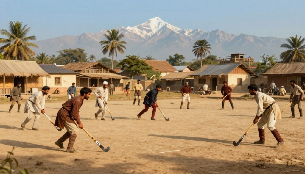 A historical scene showcasing the origins of hockey in India. In the foreground, a group of Indian men dressed in traditional attire from the late 19th century playing hockey with wooden sticks on a dusty field. In the middle ground, a vibrant depiction of an early Indian village, with modest houses and palm trees, under a clear blue sky. In the background, a glimpse of the majestic Himalayas, symbolizing India’s rich landscape. The lighting is warm and golden, reminiscent of a late afternoon sun, casting long shadows on the field. The atmosphere is lively and nostalgic, capturing the excitement and camaraderie of the game as it was first played in India.