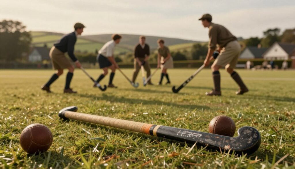 A picturesque outdoor setting depicting the historical origins of field hockey. In the foreground, a classic wooden field hockey stick rests on a grassy patch, surrounded by traditional leather balls. Moving to the middle ground, a group of players in vintage attire, wearing modest early 20th-century sports clothing, engages in a friendly match, showcasing the sport's early dynamics. In the background, a serene landscape with rolling hills and a distant village can be seen, evoking a sense of timelessness. The lighting is warm and golden, reminiscent of a late afternoon sun, with soft shadows enhancing the nostalgic atmosphere. The image is captured with a slight tilt to add a dynamic energy, inviting the viewer to connect with the rich history and evolution of hockey.