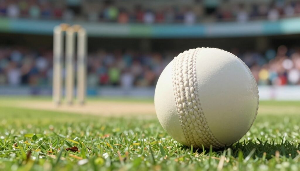 A pristine white cricket ball used in the T20 World Cup, prominently positioned in the foreground against a blurred green cricket field. The ball's surface glistens under bright, natural sunlight, showcasing its iconic seam and stitching details. In the middle ground, an out-of-focus cricket pitch and stumps are visible, creating a sense of context while keeping the ball as the focal point. The background features a faint outline of cheering fans in a stadium, enhancing the atmosphere of excitement associated with international cricket. The angle captures the ball from a slightly lower perspective, emphasizing its importance in the game. The overall mood is energetic and lively, embodying the spirit of competitive cricket. A pristine white cricket ball used in the T20 World Cup, prominently positioned in the foreground against a blurred green cricket field. The ball's surface glistens under bright, natural sunlight, showcasing its iconic seam and stitching details. In the middle ground, an out-of-focus cricket pitch and stumps are visible, creating a sense of context while keeping the ball as the focal point. The background features a faint outline of cheering fans in a stadium, enhancing the atmosphere of excitement associated with international cricket. The angle captures the ball from a slightly lower perspective, emphasizing its importance in the game. The overall mood is energetic and lively, embodying the spirit of competitive cricket.