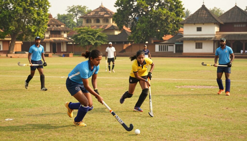 A vibrant and dynamic scene depicting field hockey in action on an ancient grass field, showcasing players in professional sports attire, intensely focused on the game. In the foreground, a male and female player chase the ball, their expressions of determination and teamwork captured mid-action. The middle ground features other players strategizing and running, highlighting the game’s competitive spirit. The background showcases a traditional village, with ancient buildings and lush greenery symbolizing India’s rich heritage. The atmosphere is lively, with soft golden sunlight casting warm shadows and enhancing the vintage feel. The image is shot from a low angle to emphasize the players’ athleticism and create an immersive perspective, evoking a sense of history and cultural evolution in sports.