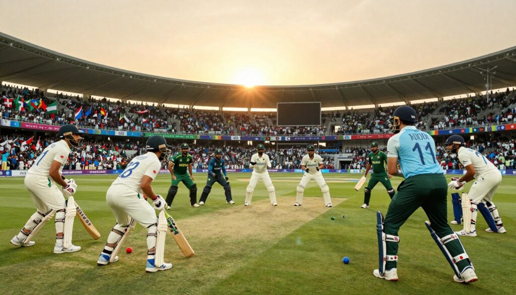 A vibrant and dynamic scene showcasing cricket teams from various countries participating in a T20 World Cup tournament. In the foreground, depict a diverse group of players in professional cricket uniforms, representing popular teams like India, Australia, Pakistan, and England, engaged in a spirited warm-up session, with bats, balls, and gear scattered around. The middle ground features an iconic cricket stadium filled with cheering fans, waving flags of different nations, adding to the celebratory atmosphere. In the background, capture a brilliant sunset casting warm golden light over the stadium, enhancing the excitement. Use a wide-angle lens to give a sense of scale and energy to the scene, creating an inclusive and festive mood, reflecting the global nature of the tournament while highlighting the unity through the sport of cricket.