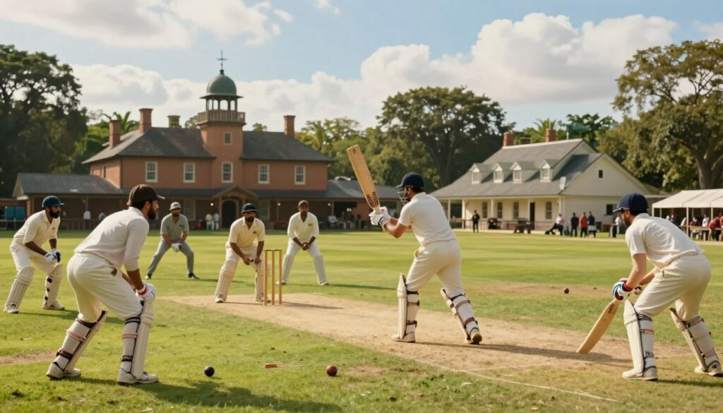 A vibrant cricket scene set in the early 18th century, showcasing a traditional cricket match played on a lush green field in India. In the foreground, British and Indian players dressed in period-appropriate cricket attire, including white trousers and shirts, with some wearing caps, intensely engaging in the game. The middle ground features a set of wooden stumps and a classic cricket bat; cricket balls are scattered around. In the background, a historic East India Company trading post hints at colonial architecture, surrounded by tropical trees under a blue sky dotted with fluffy white clouds. The scene is bathed in warm, golden sunlight, casting soft shadows, evoking a sense of nostalgia and cultural exchange. The atmosphere is lively, capturing the spirit of camaraderie and competition inherent to the sport. A vibrant cricket scene set in the early 18th century, showcasing a traditional cricket match played on a lush green field in India. In the foreground, British and Indian players dressed in period-appropriate cricket attire, including white trousers and shirts, with some wearing caps, intensely engaging in the game. The middle ground features a set of wooden stumps and a classic cricket bat; cricket balls are scattered around. In the background, a historic East India Company trading post hints at colonial architecture, surrounded by tropical trees under a blue sky dotted with fluffy white clouds. The scene is bathed in warm, golden sunlight, casting soft shadows, evoking a sense of nostalgia and cultural exchange. The atmosphere is lively, capturing the spirit of camaraderie and competition inherent to the sport.