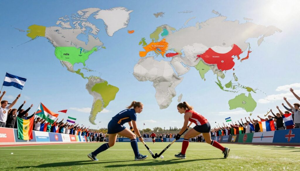 A vibrant depiction of field hockey regional hotspots worldwide, showcasing a diverse landscape of countries where the sport thrives. In the foreground, two athletes in professional attire engage in an energetic match on a bright green field, surrounded by cheering fans holding flags of their respective countries. The middle ground features a map of the globe highlighted with key countries like India, Australia, the Netherlands, and England, each marked by vibrant colors and symbols representing their passion for field hockey. In the background, a clear blue sky enhances the scene, with sun rays illuminating the area, evoking a sense of joy and competition. The overall atmosphere is dynamic and spirited, capturing the essence and excitement of field hockey's global appeal.
