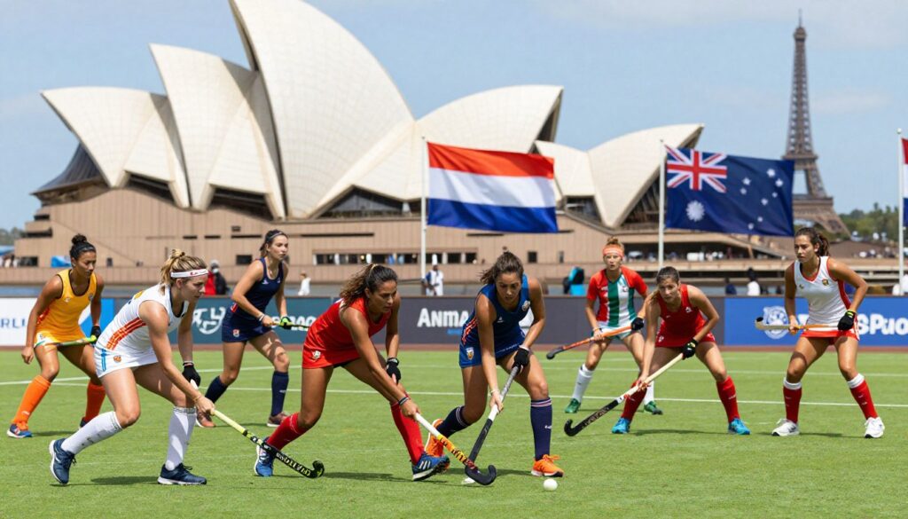 A vibrant field hockey scene showcasing the global reach of the sport. In the foreground, a diverse group of players from different countries, dressed in colorful athletic attire, are enthusiastically engaged in a match. Their expressions convey passion and determination. In the middle ground, flags representing various nations—like India, the Netherlands, and Australia—are prominently displayed alongside a lush green field. In the background, iconic landmarks from these countries, such as the Sydney Opera House and the Eiffel Tower, subtly integrate into a bright blue sky, emphasizing the sport's international appeal. Natural sunlight bathes the scene, creating a lively atmosphere filled with movement and energy, captured with a photographic lens at a slight angle to enhance the dynamic composition.