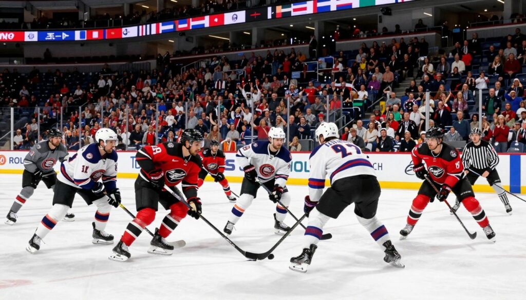 A vibrant hockey federation scene featuring a diverse group of professional hockey players in dynamic poses wearing team jerseys, showcasing various national and NHL teams. In the foreground, players are engaged in a heated game, emphasizing teamwork and skill with focused expressions. The middle ground should include referees and coaches on the sidelines, dressed in professional attire, observing the action keenly. The background displays a cheering crowd in a large arena, adorned with flags and banners representing different countries, under bright stadium lights that create an electrifying atmosphere. The perspective should capture the intensity of the game from an angled viewpoint, highlighting the motion and excitement of professional hockey. The overall mood should be energetic and competitive, reflecting the global passion for the sport. A vibrant hockey federation scene featuring a diverse group of professional hockey players in dynamic poses wearing team jerseys, showcasing various national and NHL teams. In the foreground, players are engaged in a heated game, emphasizing teamwork and skill with focused expressions. The middle ground should include referees and coaches on the sidelines, dressed in professional attire, observing the action keenly. The background displays a cheering crowd in a large arena, adorned with flags and banners representing different countries, under bright stadium lights that create an electrifying atmosphere. The perspective should capture the intensity of the game from an angled viewpoint, highlighting the motion and excitement of professional hockey. The overall mood should be energetic and competitive, reflecting the global passion for the sport.