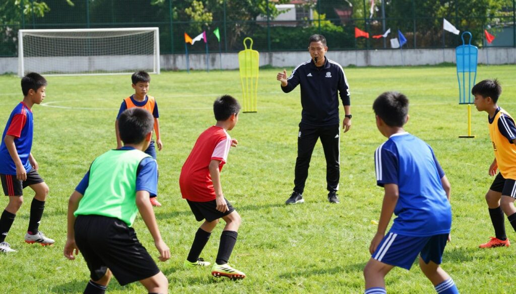 A vibrant scene depicting a youth football academy training session. In the foreground, a diverse group of young players, aged 15-18, wearing matching training kits showcasing different team colors, are engaged in skill drills. Their expressions reflect determination and excitement. In the middle ground, a professional coach, wearing a sports tracksuit and whistle, provides guidance, gesturing emphatically. In the background, the academy's well-maintained football pitch is lush and green, with goalposts and training equipment scattered around. The scene is illuminated by bright, natural sunlight, creating an uplifting atmosphere. The angle captures a dynamic perspective, inviting viewers into the energetic world of youth football development. A vibrant scene depicting a youth football academy training session. In the foreground, a diverse group of young players, aged 15-18, wearing matching training kits showcasing different team colors, are engaged in skill drills. Their expressions reflect determination and excitement. In the middle ground, a professional coach, wearing a sports tracksuit and whistle, provides guidance, gesturing emphatically. In the background, the academy's well-maintained football pitch is lush and green, with goalposts and training equipment scattered around. The scene is illuminated by bright, natural sunlight, creating an uplifting atmosphere. The angle captures a dynamic perspective, inviting viewers into the energetic world of youth football development.