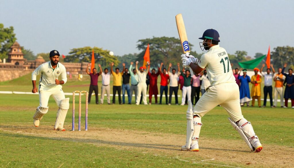 A vibrant scene of a cricket match taking place in a lush green field in India, capturing a moment where two players are engaged in a spirited play. In the foreground, a batsman in a traditional cricket outfit, complete with pads and a helmet, is poised to hit a ball bowled by a bowler running in from the left. The bowler wears a cricket kit and shows determination in his expression. In the middle ground, a group of spectators, dressed in modest casual clothing, cheer enthusiastically, surrounded by colorful flags. The background features a clear blue sky with distant trees and an ancient fort symbolizing India's rich history. The lighting is warm and inviting, evoking a lively and festive atmosphere during the game. The image is captured from a low angle to emphasize the action on the field. A vibrant scene of a cricket match taking place in a lush green field in India, capturing a moment where two players are engaged in a spirited play. In the foreground, a batsman in a traditional cricket outfit, complete with pads and a helmet, is poised to hit a ball bowled by a bowler running in from the left. The bowler wears a cricket kit and shows determination in his expression. In the middle ground, a group of spectators, dressed in modest casual clothing, cheer enthusiastically, surrounded by colorful flags. The background features a clear blue sky with distant trees and an ancient fort symbolizing India's rich history. The lighting is warm and inviting, evoking a lively and festive atmosphere during the game. The image is captured from a low angle to emphasize the action on the field.