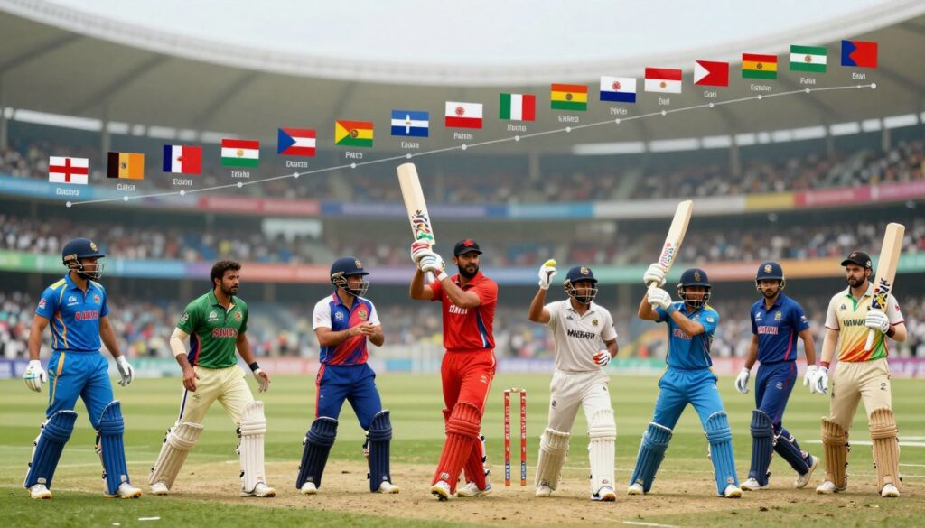 A visually engaging collage depicting the evolution of the T20 World Cup in cricket. In the foreground, present iconic cricket gear such as a cricket ball and bat, showcasing modern designs alongside vintage styles for contrast. In the middle, illustrate a series of dynamic actions from players in colorful cricket uniforms, representing different eras of the tournament, such as historic matches and milestones. In the background, include a stylized timeline featuring flags of participating countries, gradually transforming from earlier tournaments to the latest editions. The scene should be brightly lit, creating an energetic atmosphere, with a slight blur effect on the background to emphasize focus on the foreground elements. Use a wide-angle lens perspective to capture the depth of time and excitement surrounding the sport.