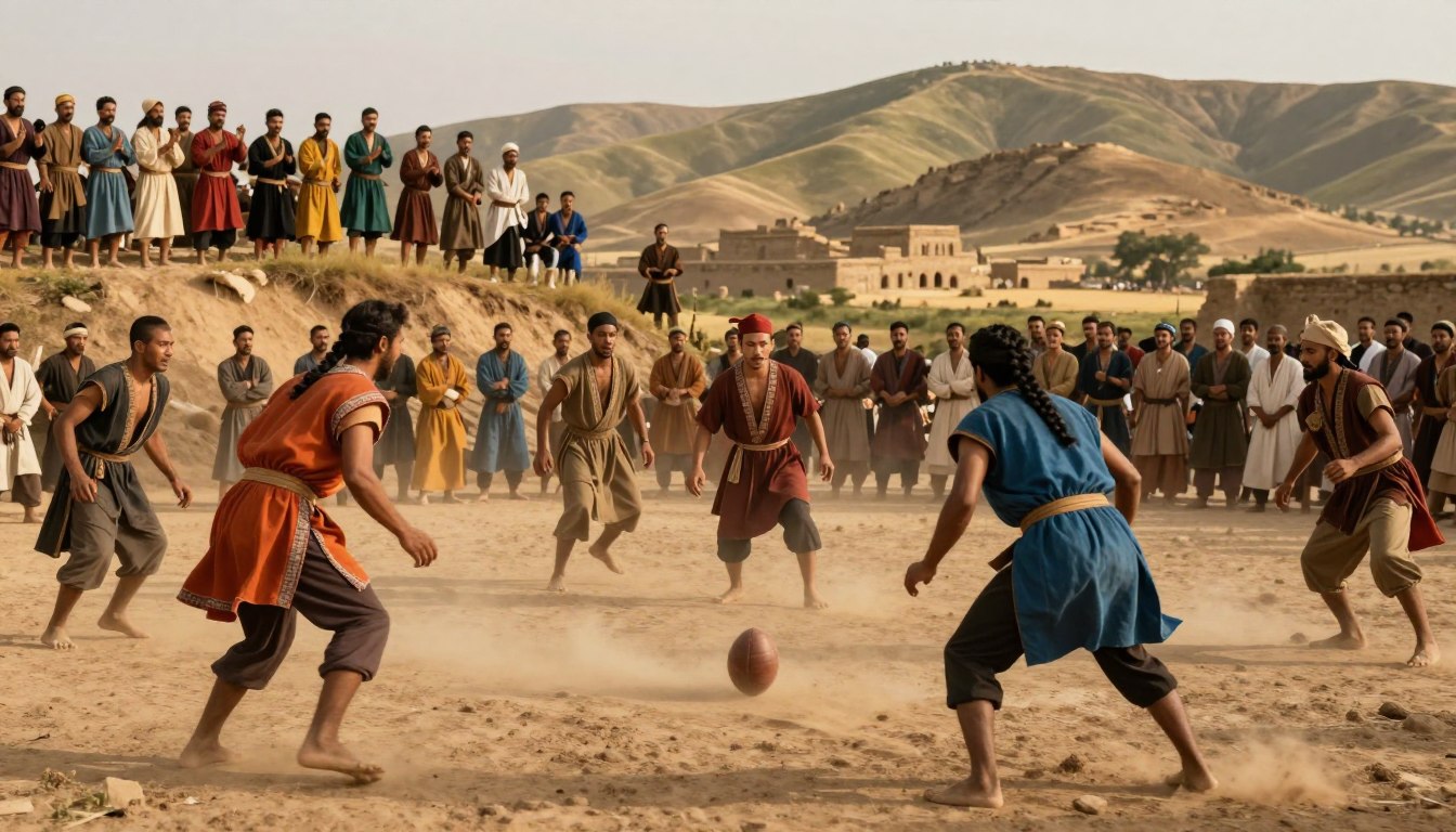 Ancient landscapes come to life with diverse cultures engaging in early ball games. In the foreground, a group of men and women clad in traditional attire maneuver a leather ball on a dusty field, displaying dynamic movements reminiscent of early football. The vibrant colors of ancient clothing contrast with the earthy tones of the ground. In the middle ground, onlookers cheer from a rustic hillside, with expressions of excitement and curiosity, suggesting the communal spirit surrounding these historical games. In the background, ancient ruins and rolling hills are bathed in warm, golden sunlight, casting long shadows that evoke a sense of nostalgia. The atmosphere is lively yet reflective, blending the joy of competition with a feeling of historical significance, captured from a low angle to emphasize the players' intensity and the vastness of the landscape.